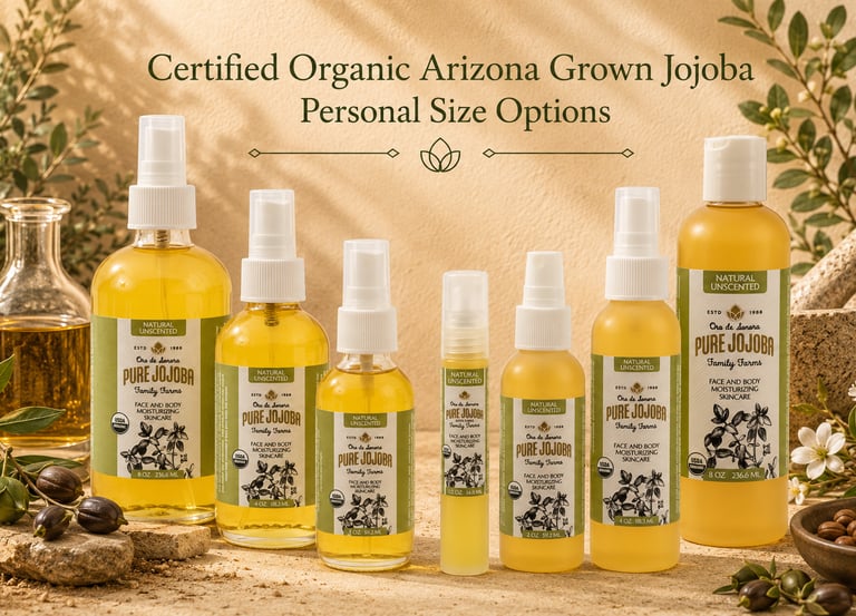 Collection of organic Arizona grown Pure Jojoba oil bottles in various personal sizes for moisturizing skincare.