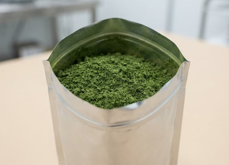 Macro shot of fine moringa powder packed inside a double-walled aluminum barrier bag, pristine clean-room environment, bright natural daylight, soft beige background