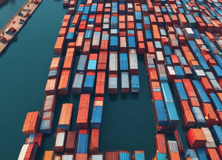 blue and red cargo containers near body of water during daytime