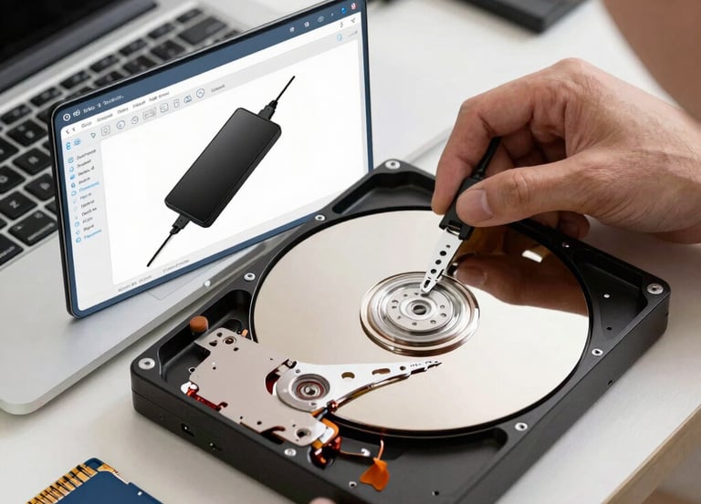 Technician carefully recovering data from a damaged hard disk in a clean workspace.