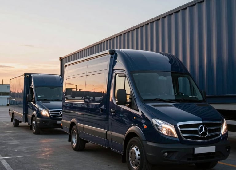 A sleek black luxury truck moving on a modern European highway at dusk with city skyline in the background.