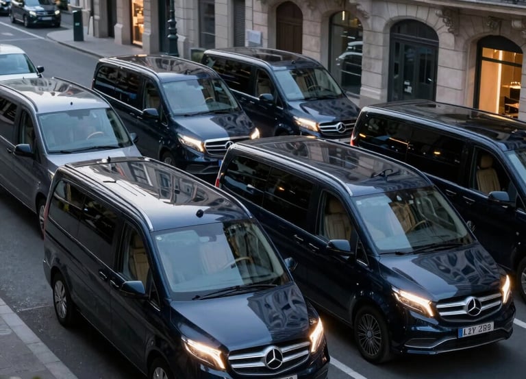 A sleek black luxury fleet of executive vehicles lined up on a modern European highway at dusk.