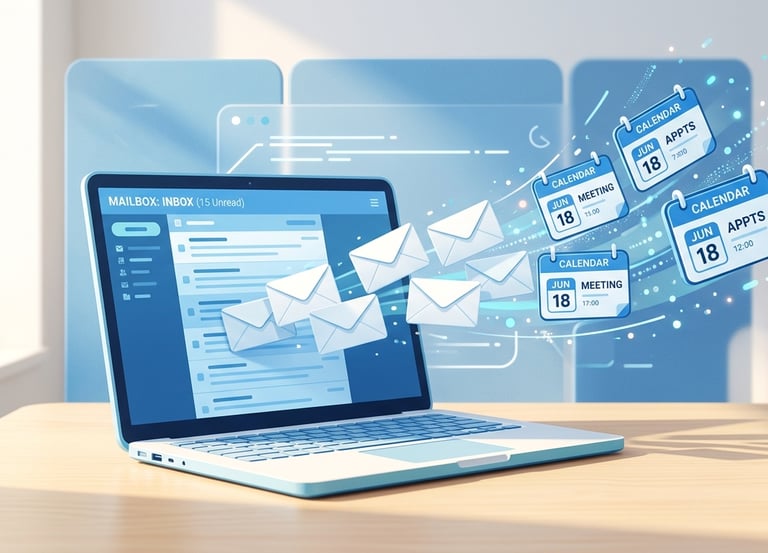 Digital laptop showing email inbox and flying calendar icons for scheduling and productivity management.