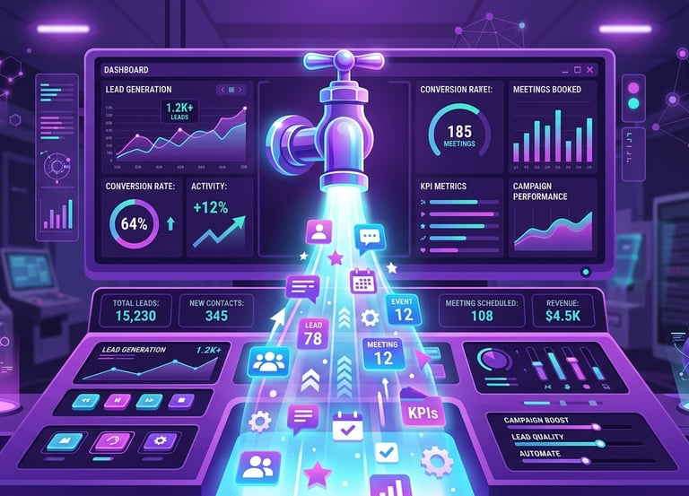 Digital marketing dashboard showing lead generation metrics and data flowing from a faucet.
