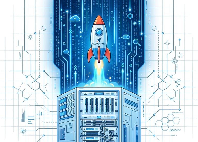 A rocket launching from a data center server rack representing cloud startup growth and technology.