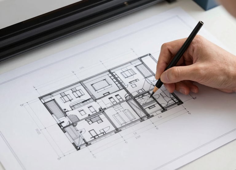 A black and white drawing of a four story building
