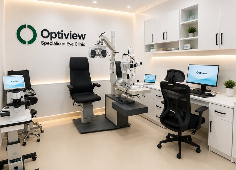 Modern ophthalmic examination room featuring advanced eye diagnostic equipment