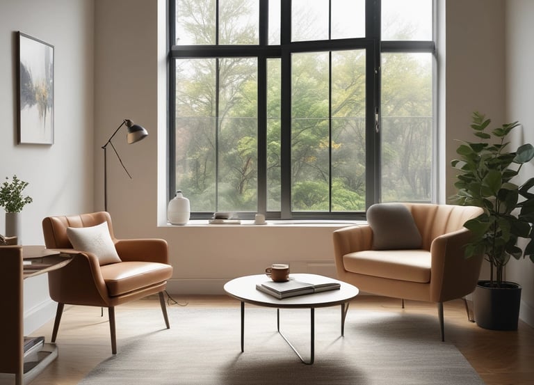 a living room with a couch and a table