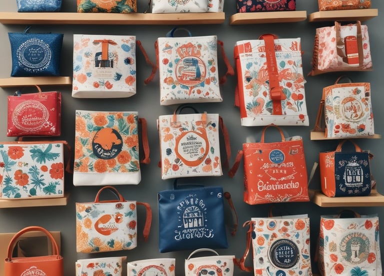 A creative workspace with branded merchandise samples and design sketches on a wooden table.