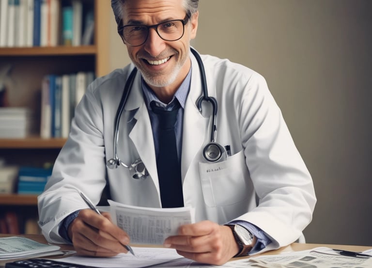Doctor reviewing financial documents with a confident smile in a modern office.