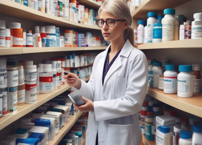 A friendly pharmacist assisting a customer through a 24/7 online medicine service on a laptop.