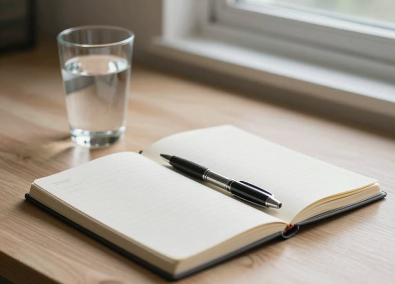 A calm workspace with a laptop displaying recovery phase charts and neatly organized notes.
