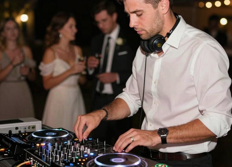 A DJ mixing music at a lively wedding reception with colorful lights.