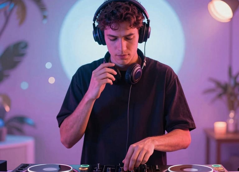 A DJ mixing music at a lively wedding reception with colorful lights.