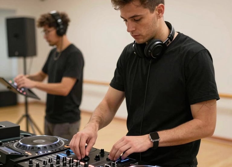 A DJ mixing music at a lively wedding reception with colorful lights.
