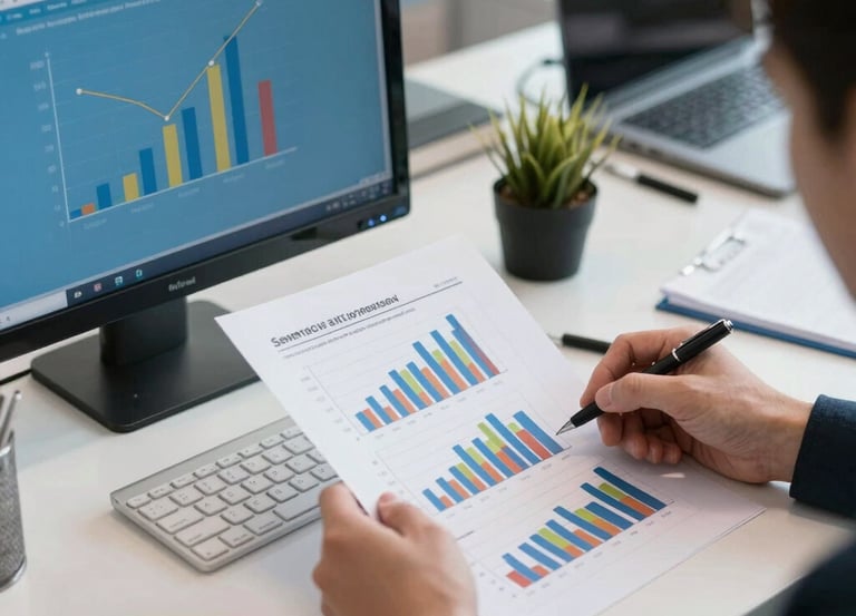 A business consultant reviewing financial charts with a client in a cozy office.
