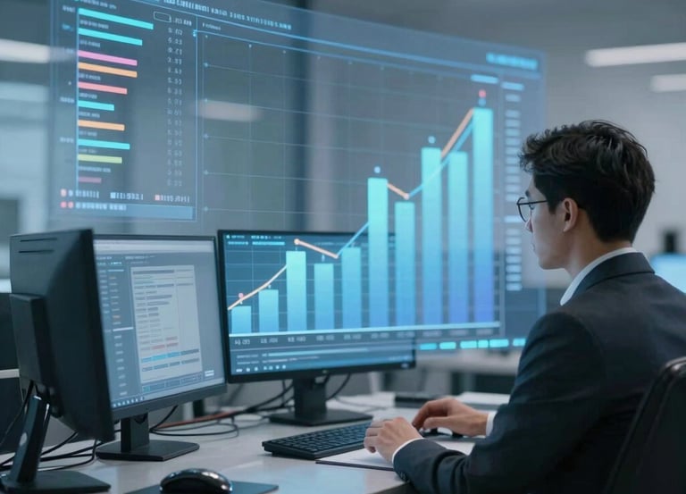 A business professional analyzing financial charts on a digital dashboard.