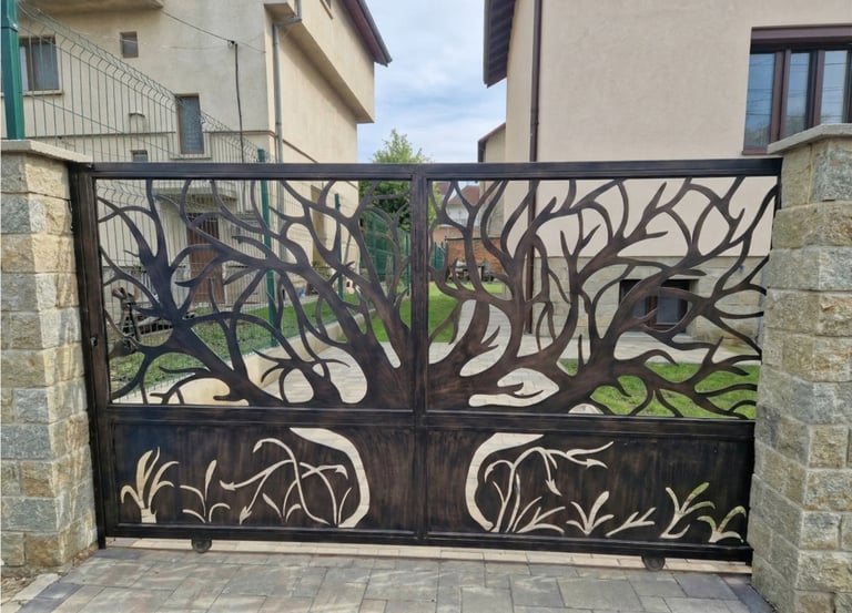 Custom decorative laser-cut metal driveway gate featuring a spreading tree design and stone pillars.