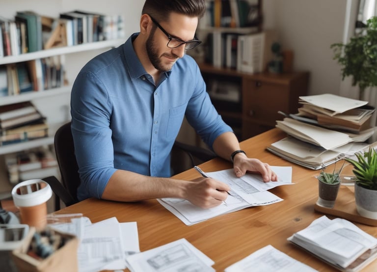 A small business owner reviewing financial documents with a calculator and laptop.