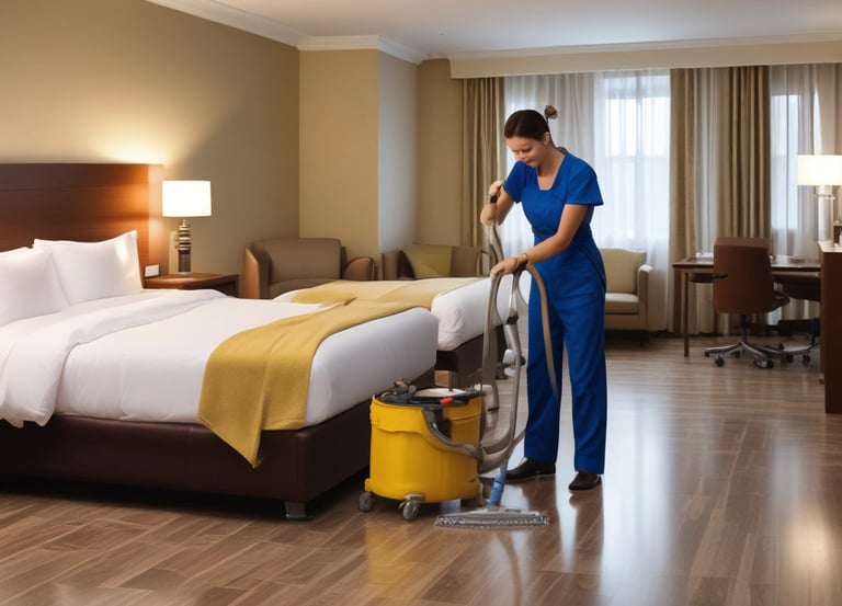 A professional cleaner using a high-pressure washer outside a commercial building.