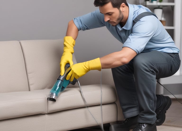 A technician carefully cleaning a sofa using an injector-extractor machine in a cozy living room.