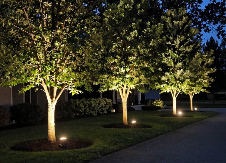 A beautifully lit garden pathway glowing warmly under soft landscape lights at dusk.