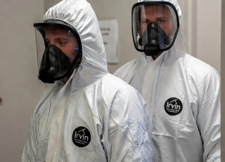Irvin Restoration technicians in protective gear - 24/7 emergency property damage response Irving TX
