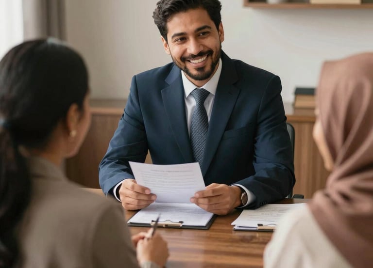 A friendly finance broker discussing loan options with a young couple in a bright office.