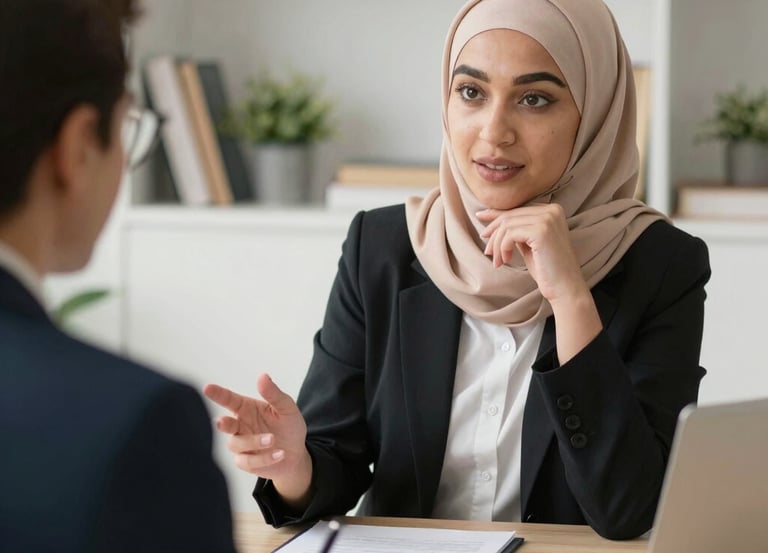 A friendly finance broker discussing loan options with a young couple in a bright office.