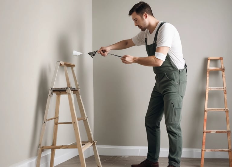 A painter using a digital color simulator on a clean, modern wall inside a cozy home.