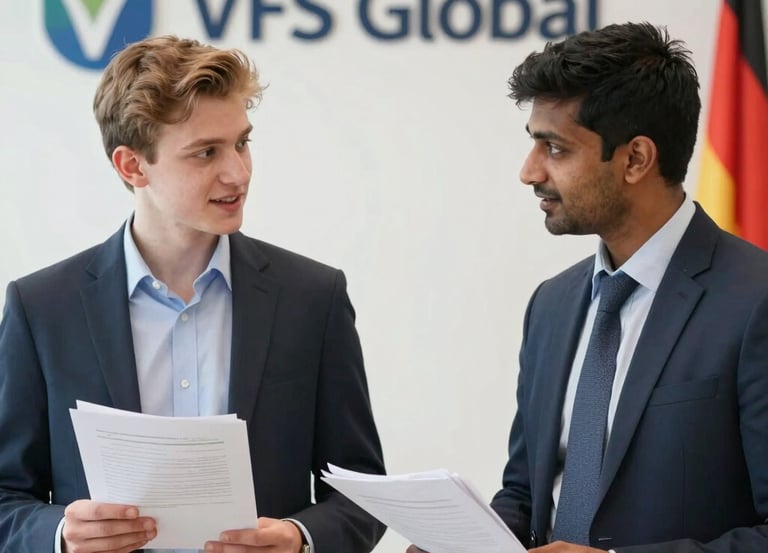 A friendly consultant helping a client with paperwork in a cozy office setting.