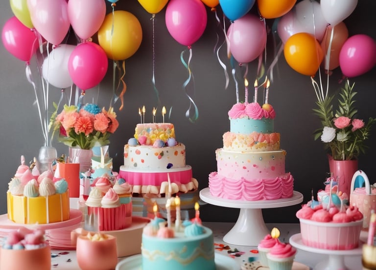 A vibrant birthday party scene with colorful balloons, themed decorations, and happy guests of all ages enjoying the celebration.