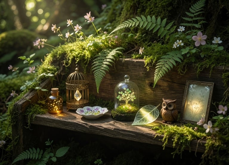Whimsical forest fairy garden on a mossy shelf with glowing lanterns, a glass cloche, and ferns.