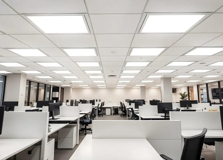 Modern office with energy-efficient LED linear panels and troffers Victoria BC