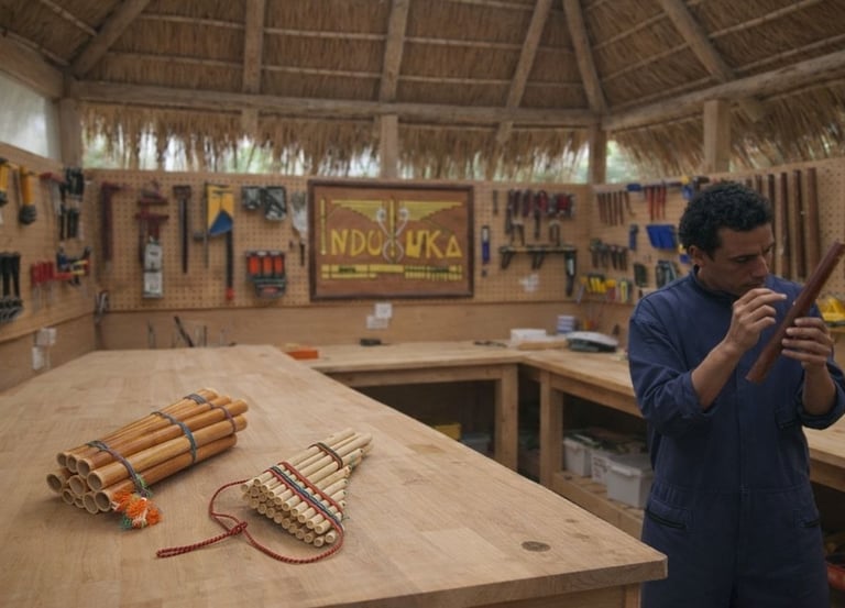 Un lutier andino inspecciona una quena hecha a mano en un taller