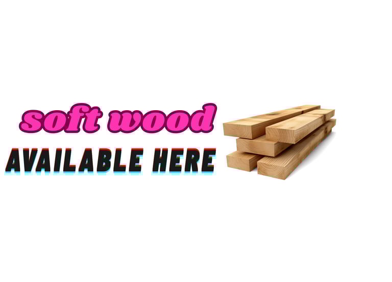 Stack of natural softwood lumber planks for construction with promotional text.