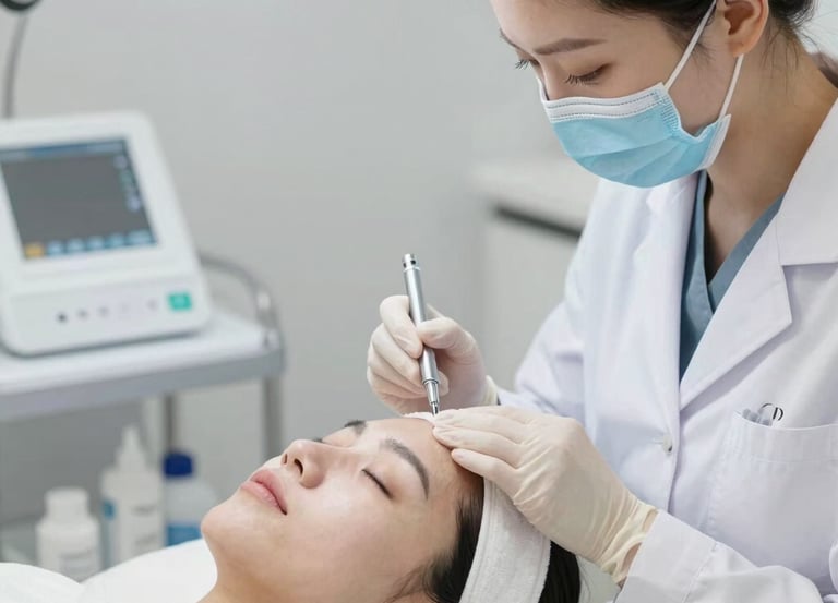 A serene clinic room with soft pastel tones and glowing skin treatment equipment.