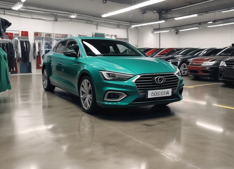 A custom bright green vintage truck is parked in front of a building with a sign advertising upholstery and accessories. The truck features a sleek, modified design with a prominent front grille and modern wheels. The background includes signage for window tint services and other automotive customizations.