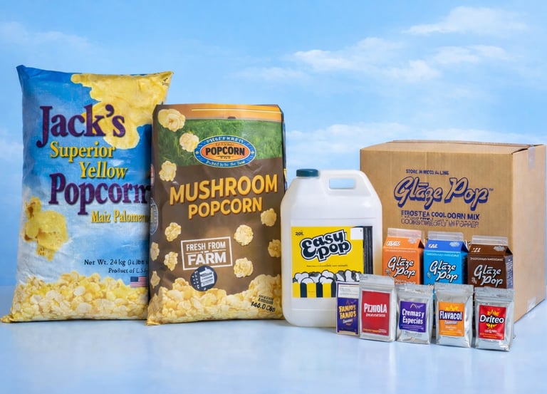 Venta de insumos para palomitas: maíz, aceite, sabores y glaze