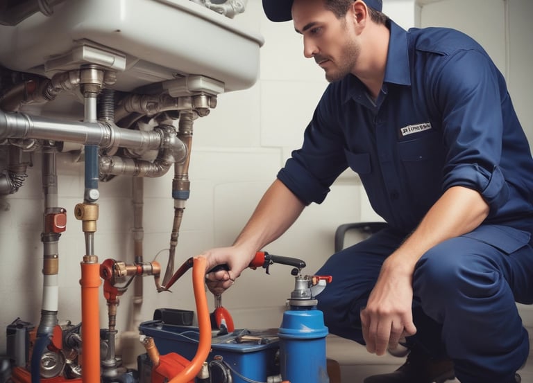 A friendly AI assistant answering calls for a busy plumber in a modern office.
