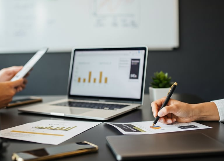 Verve Phoenix team analyzing SEO strategies with keyword research reports and ranking charts in a gold and black-themed works