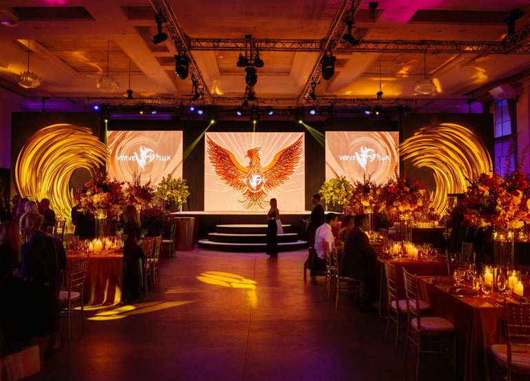 Verve Phoenix event with creative themed decorations, custom lighting, and engaging activities in a gold-accented venue.
