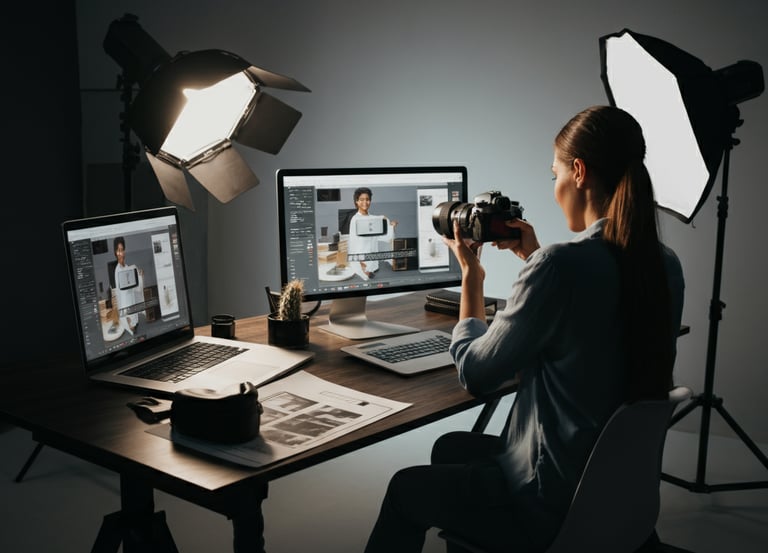 Verve Phoenix team creating visual content with professional photography and video editing tools in a gold and black studio.