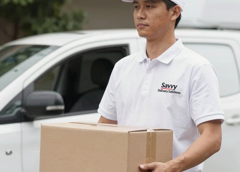 A friendly courier handing a package to a smiling customer at their doorstep.