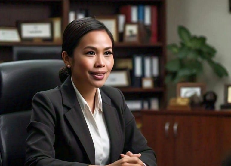 a woman in a suit and tie sitting at a desk