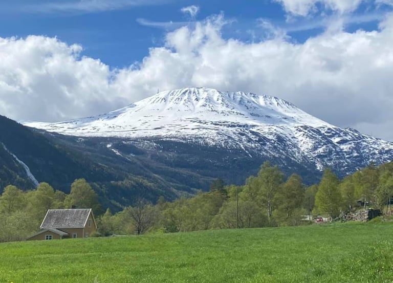 snow covered mount gausta with treeline and house and in the foreground