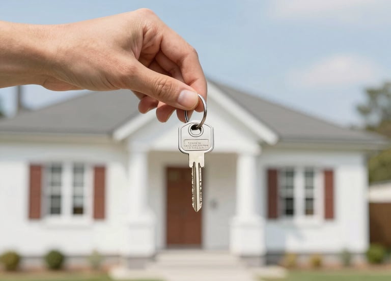A friendly agent handing over keys to happy tenants outside a charming UK townhouse.