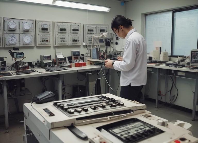A laboratory setting featuring advanced water purification equipment and storage cabinets. The lab is clean and organized with several machines on a black countertop. There are large storage units in the background.