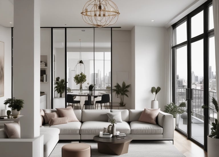 A luxurious multi-story residential building with a waterfront location, surrounded by palm trees and clear blue water. The architecture is elegant with arched windows and a light color palette.