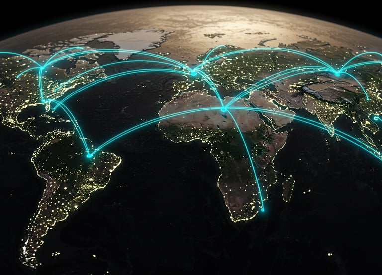 a globe map of a world map with a network of connected lines